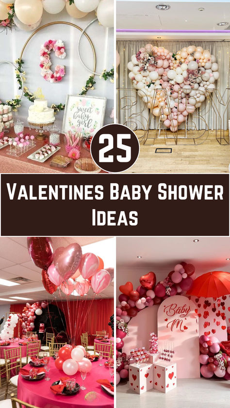 An adorable baby shower setup with Valentine’s Day-themed decorations: heart-shaped balloons, a pink and red dessert table with cupcakes, and love-themed baby shower favors. Valentines Baby Shower Ideas Girl, Valentines Day Baby Shower Ideas Boy, Jewel Tone Baby Shower Ideas, Girl Baby Shower Themes February, Valentine Baby Shower Ideas Boy, Valentines Baby Shower Theme, Baby Shower Themes For Girl, Valentines Themed Baby Shower Ideas, Baby Shower Valentines Theme