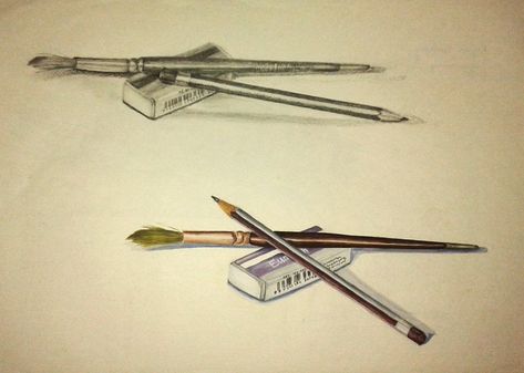 How to draw a pencil, a paintbrush, a eraser realistically with pencil shading or rendering and in opaque colors. #objectdrawing #objectdrawings #objectdrawingfruit #objectdrawingandshading #objectdrawingchallenge #realasticdrawing #realasticart #realastic #realasticpainting #realasticdrawings #realasticartwork #realastic_arts #hyperrealisticdrawing #hyperrealistic #realasticpaintings #realastic_art #artrealism #artreal #artrealistique #realistart #realisumartist Drawing Of Pencil And Eraser, Pencil And Eraser, Hyperrealistic Drawing, Art Notes, Shading Drawing, Earth Drawings, School Of Arts, Paintings Tutorials, Nature Art Drawings