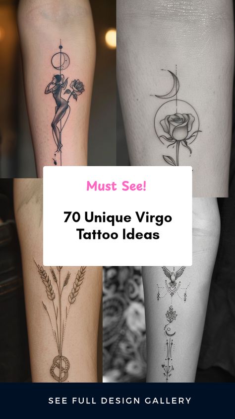 Unique Virgo Tattoo Ideas showcasing beautiful designs, from Virgo symbols to rose inspirations. Dive into this collection featuring 4 images that highlight the meaning behind each tattoo. Perfect for astrology lovers! Virgo Unique Tattoo, Taurus Virgo Tattoo, Virgo Tattoo Designs For Women Ideas, Virgo Flower Tattoo September, Earth Sign Tattoo Virgo, Virgo Element Tattoo, Virgo Astrology Tattoo, Virgo Star Constellation Tattoo, Libra Aesthetic Tattoo