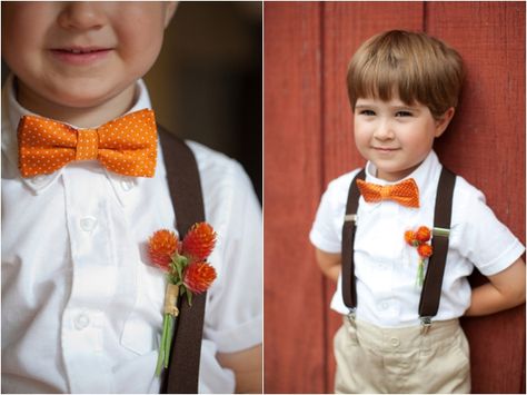 Yellow Rustic Wedding, Vineyard Wedding Ideas, Ring Bearer Boutonniere, Flower Girl Inspiration, Wedding Brown, Brown Suspenders, Wedding Tux, Wedding Reception Backdrop, Polka Dot Bow Tie