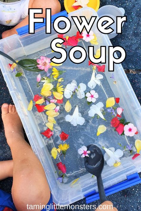 Outdoor Water Sensory Bin, Toddler Spring Sensory Bin, April Sensory Activities, Garden Themed Sensory Bin, Garden Sensory Bin For Toddlers, Weather Theme Art Preschool, Outside Sensory Bins, Spring Play Ideas, Spring Activity Ideas