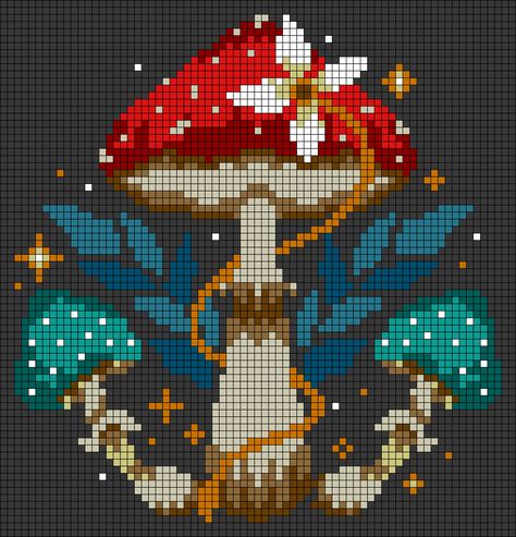 Crochet Mushroom Square Pattern, Crochet Mushroom Tapestry Pattern Free, Crochet Graph Design, Cottage Core Alpha Pattern, Dungeons And Dragons Pixel Art, Pixel Square Crochet Pattern, Crochet Art Pattern, Alpha Square Pattern, Pixel Art Pattern Dinosaur