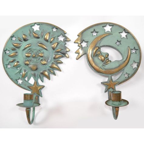 For celestial sun and moon decor Lovers this Set of Brass Candle Sconces. Made in the 1994 by Partylite in Verdigris Gold-Green vintage patina look.  Sun measures: 10.5 inches Height x 7.5 inches width, Projection of the wall is 4 inches. Moon measures: 11 inches Height x 7.5 inches width, Projection of the wall is 4 inches. Makers Mark on the reverse, Dated 1994, made in Taiwan. In good vintage condition, minor wear due to History.  L-517-331 Green Boho Decor, Pretty Lamps, Celestial Bedroom, Celestial Room, Wall Mounted Candle Holders, Mixing Metals, Wall Candle, Moon Candle, Iconic 90s