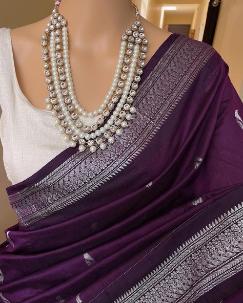 Www.thejacouture.in > cotton silk sarees silver border. > Dark wine cotton silk saree with silver Border. . Saree Description: Dark wine cotton silk saree with silver zari border and butta all over. Comes with running blouse. Saree height: 46 inches. Saree length: 5.5 meters. Blouse : 80cm Care: Normal wash. priced: 1450/- INR Delivery time Duration: * Domestic in 4 to 6 working days. * International in 10 to 15 days Courier partner: Delhivery and Dtdc. . . For for details and query d... Jewellery For Silver Zari Saree, Grape Colour Saree, Grape Wine Saree, Silver Border Saree Blouse Designs, Silk Saree Look Modern, Ethnic Day Saree, Silver Saree Look, Wine Purple Saree, Dark Saree