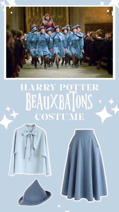 Easy last minute halloween costume idea! #harrypotter #beauxbatons #fleurdelacour #costume #diy #halloween Diy Hufflepuff Costume, Diy Harry Potter Costume Women, Harry Potter Cosplay Costumes, Fluer Delacour Costume, Easy Harry Potter Costume, Beauxbatons Costume, Harry Potter Costumes For Women, Beauxbatons Aesthetic Uniform, Fleur Harry Potter