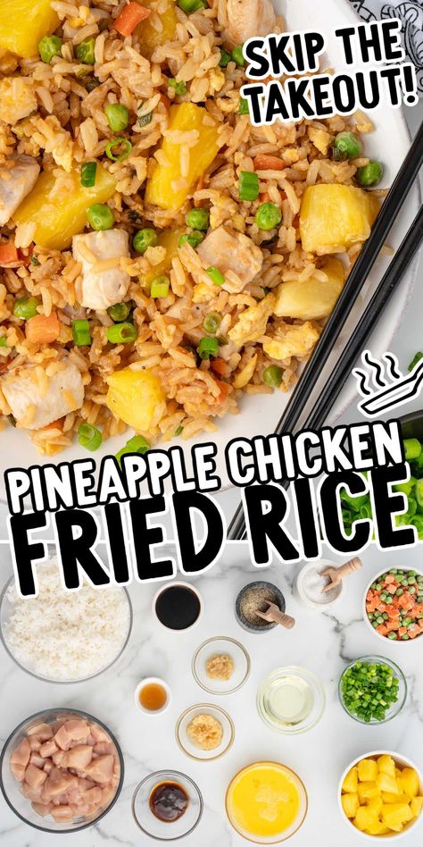 Fall in love with our Pineapple Chicken Fried Rice recipe, with tender chicken, juicy pineapple, and fluffy jasmine rice. Easy dinner, and so much better than takeout! Chicken Fried Rice With Pineapple, Pineapple Fried Rice Recipe Chicken, Chicken Rice Pineapple Recipes, Chicken Fried Rice Wok, Chicken Pineapple Stir Fry, Pineapple Meals, Chicken And Pineapple Recipes, Chicken Pineapple Rice, Chicken Pineapple Fried Rice