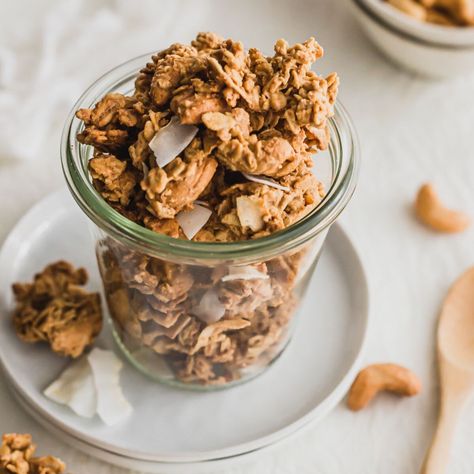 Coconut & Cashew Butter Granola (Nature's Path Copycat Recipe) | Sift & Simmer Cashew Granola Recipe, Nut Butter Granola Recipe, Cashew Granola, Cashew Butter Breakfast, Homemade Granola With Coconut, Copycat Purely Elizabeth Granola, Toasted Coconut Granola Recipe, Cashew Butter Granola, Coconut Granola Recipe