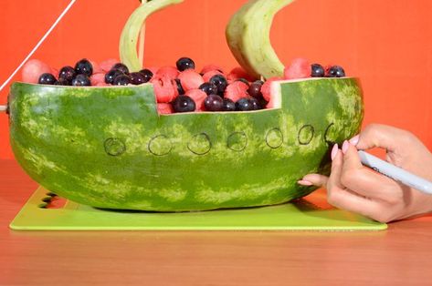 How to Carve a Watermelon Into a Pirate Ship | LEAFtv Pirate Ship Watermelon, Watermelon Boat, Treasure Chest Cake, Watermelon Ball, Shoe Hacks, Pirate Themed Birthday, Fruit Creations, Cut Strawberries, Watermelon Art