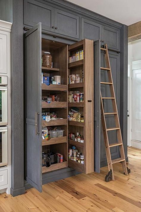 Gray cabinets with Stacked Pull Out pantry Shelves - Transitional - Kitchen Small Reach In Pantry, Pull Out Pantry Shelves, Gray Oak Floor, Pine Wood Flooring, Classic Cabinets, Pantry Shelves, Built In Pantry, Pantry Shelving, Kitchen Pantry Storage