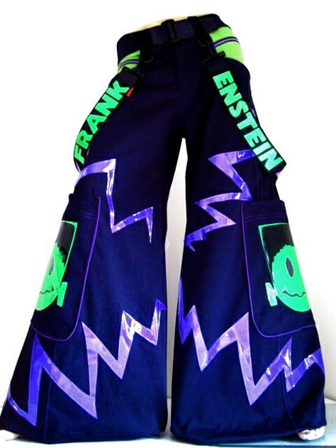 Frankenstein Phats Cyberpop Aesthetic Outfit, Phat Pants Rave, Space Outfit Men, Arcadecore Outfits, Aliencore Outfit, Frankenstein Oc, Cyberpunk Clothes Design, Rave Aesthetic Outfit, Neon Clothes