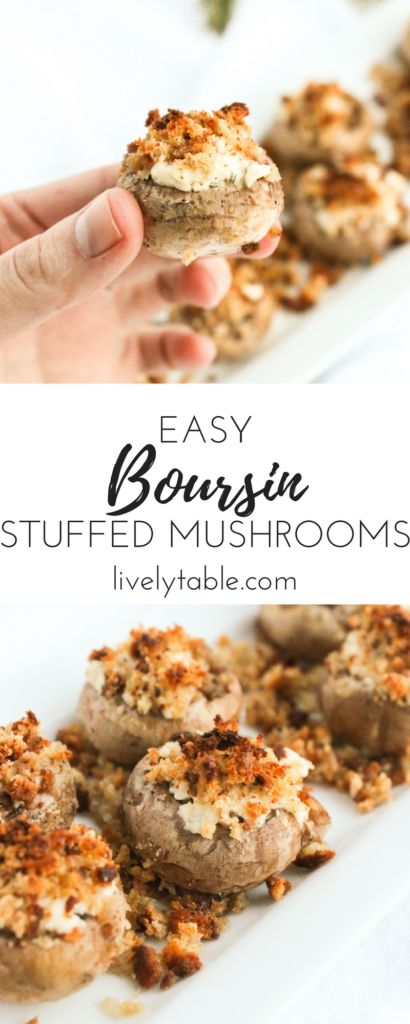 Boursin Stuffed Mushrooms are incredibly easy and delicious appetizers perfect for any party. With only 3 ingredients, they look and taste much more elegant than they actually are! Perfect for holidays, parties and New Years! (vegetarian) | via livelytable.com Boursin Stuffed Mushrooms, Healthy Appetizers Easy, Delicious Appetizers, Dinner Appetizers, Holiday Appetizers, Christmas Appetizers, Healthy Appetizers, Best Appetizers, Yummy Appetizers