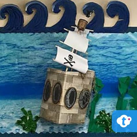 How amazing is this 3D pirate ship added to an Under the Sea-themed classroom display? If you're teaching an Under the Sea topic this term, visit the Twinkl website for lots of printable resources to complement your teaching. #underthesea #ocean #undertheseatopic #undertheseadisplay #classroomdisplay #classroom #teachingresources #teaching #twinkl #twinklresources #octopus #shark #classroominspiration #pirates #pirateship Pirate Ship Classroom Display, Under The Sea Activities, Pirate Classroom, Sea Activities, Classroom Display, Year 6, Themed Classroom, Teaching Aids, Classroom Inspiration