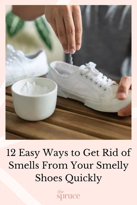 Freshen up your shoes with these quick and effective home remedies. Learn how to prevent smelly feet and stinky shoes from occurring in the first place. #hacks #cleanhouse #cleaningguide #cleaninghacks #cleaningtips  #stepbystepcleaning #thespruce Smelly Shoes Remedies Diy, Clean Stinky Shoes, How To Keep Your Shoes From Smelling, How To Get Your Shoes To Stop Smelling, Stinky Tennis Shoes Remedy, Remove Smell From Shoes, How To Keep Shoes From Smelling, Stinky Shoes Remedy Diy, How To Remove Smell From Shoes