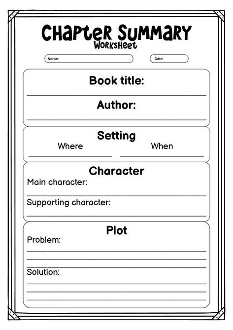 This worksheet will help you effectively summarize each chapter by focusing on key points and main ideas. Use it to improve your comprehension and retention of the material as you progress through the book. Take your chapter summaries to the next level with this helpful tool. #ChapterSummary #LiteraryAnalysis #BookReview #writingchaptersummary Book Summary Ideas, Chapter Summary Template, Summary Worksheet, Summary Graphic Organizer, Story Elements Worksheet, Summary Template, Improve Writing Skills, Middle School Books, Improve Reading Comprehension