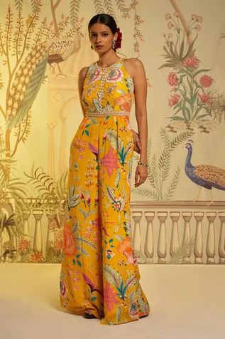 Shop for Aayushi Maniar Yellow Crepe Silk Floral Print Jumpsuit for Women Online at Aza Fashions Jumpsuit From Silk Saree, Jumpsuits For Haldi, Yellow Jumpsuit For Haldi, Haldi Jumpsuit Outfit, Yellow Jumpsuit Outfit Wedding, Floral Jumpsuit Outfit Wedding, Traditional Jumpsuit, Ethnic Jumpsuit, Shaadi Outfits