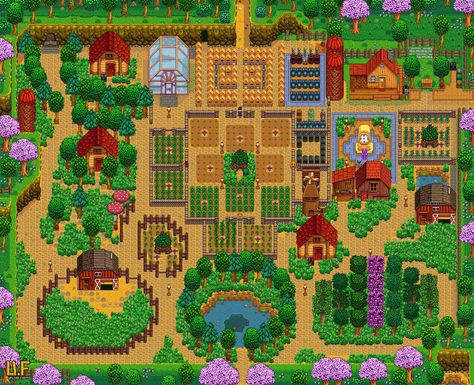 Click to open farm gallery Stardew Valley Farm Layout, Stardew Valley Farm, Stardew Farms, Stardew Valley Layout, Stardew Valley Tips, Stardew Valley Farms, End Of Spring, Farm Plans, Farm Layout