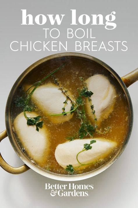 It's important to know how to cook juicy chicken! That's where knowing how and how long to boil chicken comes in. Here are our secrets to tender, juicy boiled chicken. #boilchicken #howtocookchicken #poachedchicken #easyrecipe #bhg Flavorful Boiled Chicken, Best Way To Boil Chicken, Boiled Chicken Tenderloins, How Long Does It Take To Boil Chicken, How To Cook Chicken Without Oil, How To Boil Chicken For Soup, Best Boiled Chicken, Best Boiled Chicken Recipe, Healthy Boiled Chicken Recipes