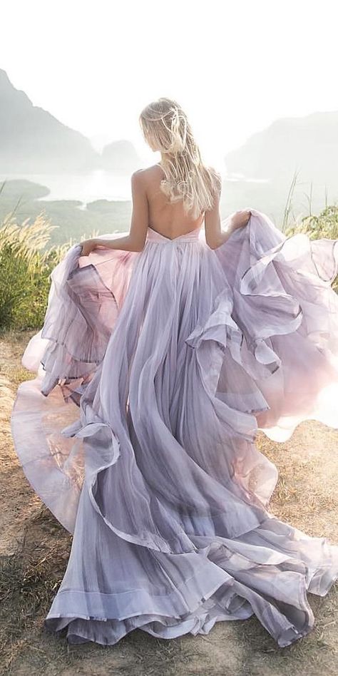 This gorgeous Dusty Lavender wedding dress is so beautiful, all those layers and folds make it very feminine Dresses To Make, White Bridal Gown, Stylish Gown, Colored Wedding Dress, Stylish Bride, Purple Wedding Dress, Brides Wedding Dress, Black Wedding Dresses, Colored Wedding Dresses