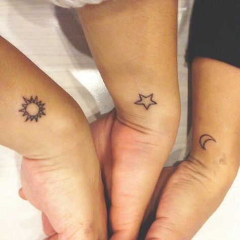 Sun, Moon, and Star Sister or Friend Tattoos Tattoo Sonne, Tattoo Placements, Matching Sister Tattoos, Circle Tattoo, Sibling Tattoos, Bff Tattoos, Sun Tattoos, Friendship Tattoos, Парные Тату