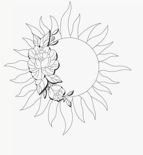 Sun Flower Tattoo Stencil, Sun With Butterfly Tattoo, Floral Sun Tattoo Design, Sun With Roses Tattoo, Sun And Flower Tattoo Simple, Sunshine And Flowers Tattoo, Sunshine Flower Tattoo, Sun And Floral Tattoo, Sun And Leaves Tattoo