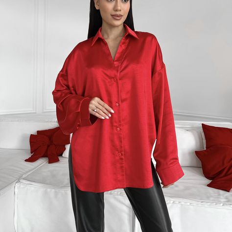 Red Asymmetric Satin Shirt for Women Straight Collar Shirt Bishop Sleeve Blouse Buttoned Long Shirt Elegant Satin Blouse Long Sleeve Shirt by ElenaKosminskaya on Etsy Satin Shirts For Women, Satin Blouse Long Sleeve, Bishop Sleeve Blouse, Shirt Elegant, Asymmetrical Shirt, Skirts Jeans, Blouse Long Sleeve, Elegant Red, Bishop Sleeve