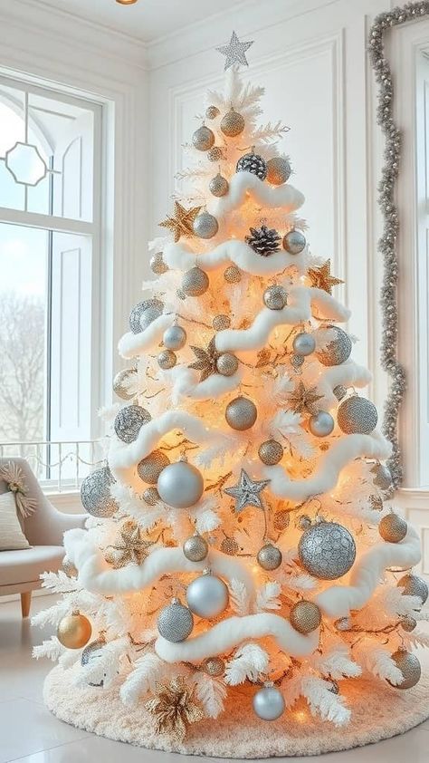 25+ Stunning White Christmas Tree Decorating Ideas & Themes You’ll Love White Xmas Tree Decorating Ideas, White Christmas Tree Ideas Color Schemes, Christmas Tree Ideas Color Schemes, White Christmas Tree Decorating Ideas, White And Silver Christmas Tree, White And Silver Christmas, Christmas Tree Colour Scheme, White Xmas Tree, Gold Christmas Tree Ideas