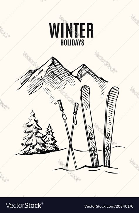 Ski Bullet Journal, Ski Drawing Simple, Ski Doodle, Ski Sketch, Skiing Tattoo Ideas, Skiing Drawing, Skiing Illustration, Ski Drawing, Ski Illustration