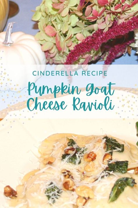 These pumpkin shaped ravioli are filled with a delicious pumpkin-goat cheese mixture and topped with a rich brown butter, walnut, and sage sauce. Pumpkin Stuffed Ravioli, Pumpkin Goat Cheese Ravioli, Honey Pumpkin Goat Cheese Ravioli, Goat Cheese Ravioli Recipe, Cinderella Dinner, Elegant Party Ideas, Pumpkin Goat Cheese, Goat Cheese Ravioli, Cheese Ravioli Recipe