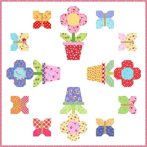 Podunk Pretties Patterns, Flower Quilt Blocks Free Pattern, Flower Quilt Patterns, Butterfly Quilt, Spring Quilts, Flower Quilt, Flower Quilts, Cute Quilts, Quilted Wall Hangings