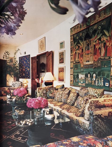 The living room in Actress Yvette Mimieux’s Los Angeles house photographed by Ian Vaughn for AD in 1978. Mimieux created and Oriental fantasy utilizing fabrics and objects collected during travels, including batiks from Java, Laotian bronze rain drums and an Isfahan kilim rug. Yvette Mimieux, Los Angeles House, Los Angeles Homes, Pattern Play, Dream Spaces, Java, Kilim Rug, Drums, Madrid