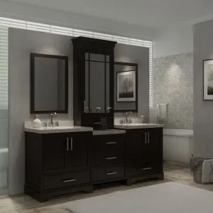 Ariel M085D-ESP Stafford 84" Double Sink Bathroom Vanity Set | QualityBath.com Colored Cabinets, Luxury Bathroom Vanities, Light Granite, Framed Mirrors, Vanity Set With Mirror, Steam Showers Bathroom, Double Sink Vanity, Double Vanity Bathroom, Double Sink Bathroom