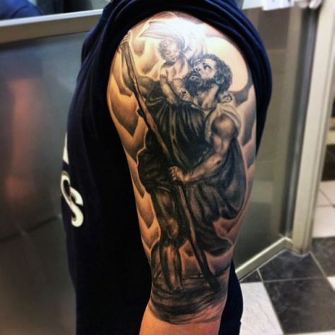 Gentleman With Saint Christopher Shaded Half Sleeve Arm Tattoos St. Jude Tattoo, St Christopher Tattoo, Cover Up Tattoos For Men, Icarus Tattoo, Pocket Watch Tattoos, Religious Tattoos, Leg Sleeve Tattoo, Bad Tattoos, Old Tattoos