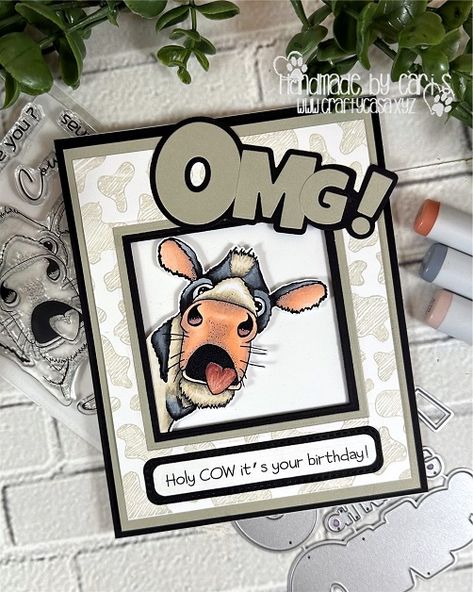 I Herd It's Your Birthday. This handcrafted card features the cow from Funny Animals 2 from Craft Emotions and OMG! die from Whimsy Stamps. Funny Birthday Cards Handmade, Homemade Men’s Birthday Cards, Funny Diy Cards, Cow Cards Handmade, Mens Cards Handmade, Animal Cards Handmade, Katzelkraft Stamps Cards, Male Birthday Cards Handmade, Birthday Cards For Men Diy