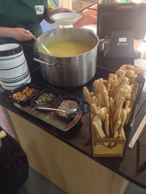 The brand new soup station at Charlton Manor. On the menu today: leek and potato soup with pumpkin seeds. Soup Station, Soup With Pumpkin, Leek And Potato Soup, Leek And Potato, Self Serve, School Food, On The Menu, Church Wedding, Potato Soup