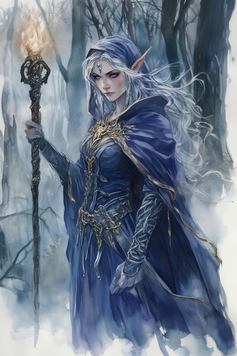 Sylphira Ryndis has delicate, almond-shaped features and a smooth, pale complexion. Her long hair flows in waves of deep sapphire, adorned with glimmering silver threads that seem to pulse with subtle movement. Her large, violet eyes are sharply defined by dark lashes. She wears flowing robes of midnight blue, embroidered with arcane symbols in luminescent gold. At her side, she carries an elabora... Dnd Moon Elf, Female Elf Wizard, Pathfinder Elf, Sorcerer Dnd, Elf Sorcerer, Star Elf, Character Showcase, Arcane Symbols, Mirkwood Elves