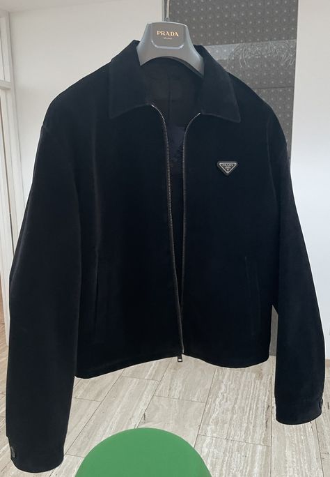 Prada Prada SS22 Black Nero Velvet Denim Blouson Jacket | Grailed Prada Jacket Mens, Prada Streetwear, Guys Fashion Casual, Prada Jacket, Class Outfits, Mens Smart Casual Outfits, Designer Jackets For Men, Fashion Design Template, Classy Outfits Men