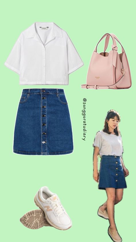 Kang Mo Yeon Song Hye Kyo Descendants of the Sun KDrama Inspired Outfit White and Blue Denim Jeans Skirt OOTD Kang Mo Yeon, Skirt Ootd, Sun Song, Descendants Of The Sun, Mix Match Outfits, Korean Summer, Hye Kyo, Outfit White, Song Joong