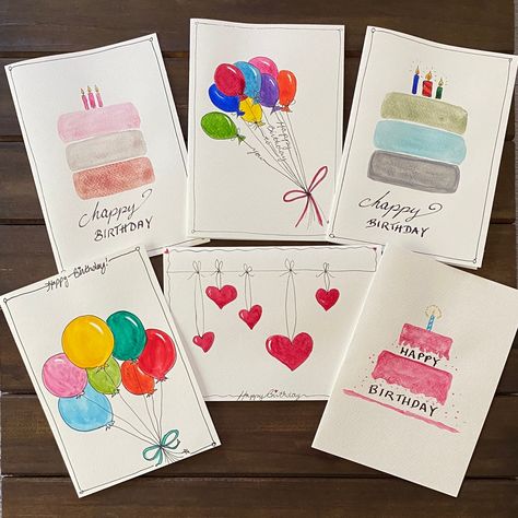 "Set of 6 watercolor-hand-painted, folded, blank birthday cards in 5\"x7\" with Kraft 100% recycled envelopes. Spread the joy! Brighten up someone's day with a hand-written note: a thank you, a birthday wish or just to say I love and miss you.  The artwork is inspired by the desire to spread joy to every recipient across the nation. It is created by Petra Hoette's signature style of watercolor with detailed ink outlining. 100% made in America by a small-business." Hand Written Birthday Card, Birthday Cake And Balloons, Cake And Balloons, Recycled Envelopes, Dresses Pattern, Watercolor Birthday Cards, Birthday Card Drawing, Watercolor Birthday, Birthday Wish