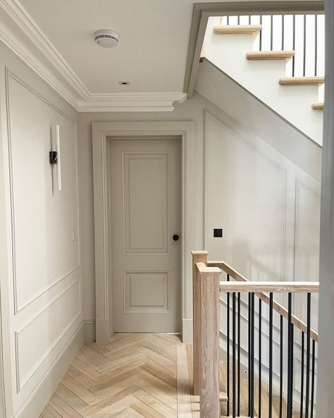 Jane and Jack on Instagram: “We love our doors and stairs, that’s all 🤩 @swdbespoke @smet_staircases #housetohome #familyhome #interior #hallway #stairs #staircase…” Monochrome Hallway, Staircase Paneling, Dark Staircase, Interior Hallway, Stair Paneling, Stairs And Doors, Painted Staircases, Hallway Wall Lights, Hallway Stairs