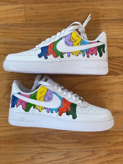 Nike air force ones colorful custom hand painted design Painted Adidas Superstar, Paint Drip Design, Painted Nike Air Force, Painted Adidas, Painted Air Force 1, Painted Nikes, Nike Air Force 1 Custom, Custom Painted Shoes, Drip Design