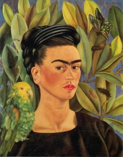 Frida Kahlo, Self Portrait with Bonito Parrot and Butterfly Diego Rivera Frida Kahlo, Frida Paintings, Frida Kahlo Paintings, Kahlo Paintings, Frida And Diego, Frida Art, Frida Kahlo Art, Soyut Sanat Tabloları, Diego Rivera