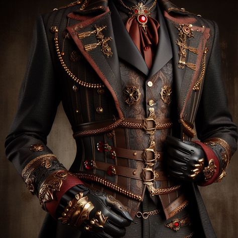 Gothic Steampunk Men, Steampunk Mens Fashion Victorian, Fantasy Ball Male Outfit, Fancy Fantasy Outfits Male, Masquerade Male Outfit, Mens Fantasy Ball Outfit, Jester Outfit Male, Formal Fantasy Outfits Male, Gentlemans Club Aesthetic