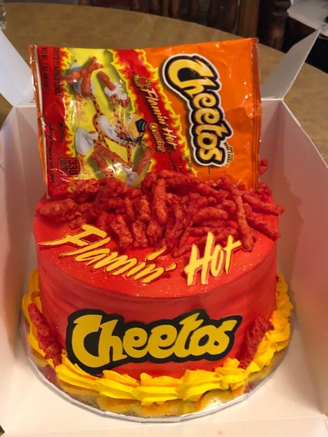 A fun cake for my Cheeto lovers Flaming Hot Cheetos Party Ideas, Flaming Hot Cheetos Birthday Party, Hot Cheetos Cake Ideas, Hot Cheetos Birthday Cake, Hot Cheetos Bouquet, Hot Cheetos Birthday Theme, Takis Cake Ideas, Wingstop Cake, Yummy Cakes Birthdays