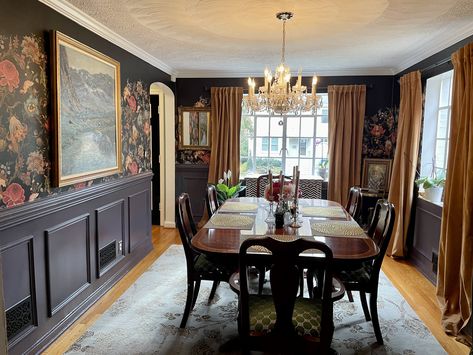 Black Waynescotting Dining Room, Victorian Dining Room Lighting, Dark Vintage Dining Room, Modern Victorian Decor Dining Room, Dark Trim Dining Room, Dining Room Design Moody, Moody Traditional Dining Room, Moody Victorian Dining Room, Romantic Dining Room Ideas