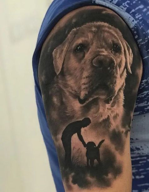 Labrador Portrait Tattoo, Dog And Man Tattoo, My Dog Tattoo, Labrador Tattoos, Dog Sleeve Tattoo, Lab Tattoo Ideas, Labrador Tattoo, Lab Tattoo, Tattoo Perro