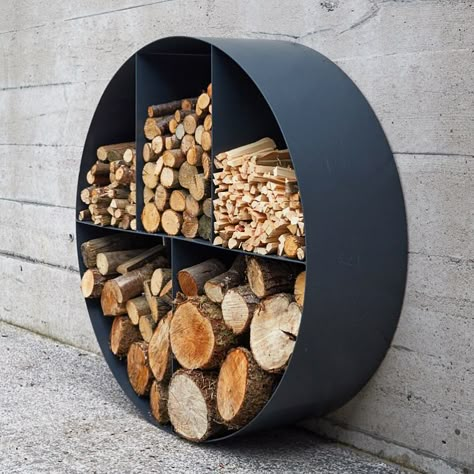 Round Firewood Holder, Wood Storage Indoor Built In, Modern Firewood Storage, Modern Firewood Storage Outdoor, Wood Storage Near Fireplace, Wood Store Ideas, Firewood Storage Outside, Indoor Log Storage Ideas, Log Storage Living Room