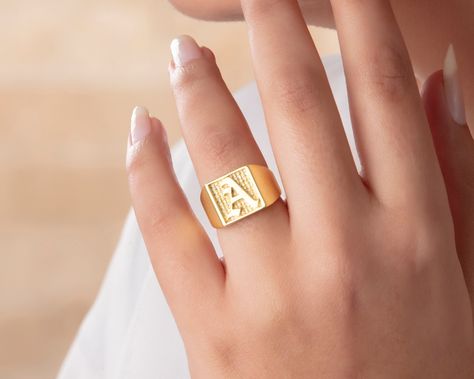 Name Ring For Men In Gold, Signet Ring Men Initials, Letter Gold Ring For Men, Name Rings Gold For Men, Letter Rings Gold For Men, Mens Ring Designs, Panda Cartoon, Gold Initial Ring, Anniversary Gifts For Her