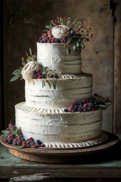 A three-tiered rustic wedding cake, with layers of sponge cake exposed, frosting removed creating a 'naked' look. The cake is decorated with a combination of fresh berries such as raspberries, blackberries, blueberries, and strawberry arranged in a semi-random fashion. Each layer is dusted with a light coating of powdered sugar to add a touch of sweetness and elegance. Cake Inside, Fall Wedding Cakes, Pork Pie, Three Tier, Fresh Berries, Sponge Cake, Tiered Cakes