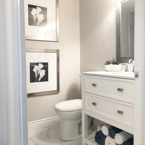 Benjamin Moore OC-27 bathroom color White Dove Bathroom Walls, Bathroom Paint Colors Benjamin Moore, Mist Paint Color, Benjamin Moore Balboa Mist, Benjamin Moore Bathroom, Balboa Mist, Powder Room Small, Bathroom Paint Colors, Paint Colors Benjamin Moore