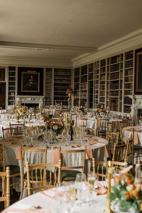 Library wedding breakfast at country house wedding venue, St Giles House Basement Nightclub, Whimsical Wedding Dress, Watters Wedding Dress, Candle Lit Wedding, Wedding Dresses Whimsical, Peach Wedding Flowers, Country House Wedding Venues, Country House Wedding, British Wedding